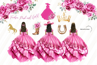 Fuchsia Pink Princess Gold Crown Boots Clipart, Pink Quinceaera