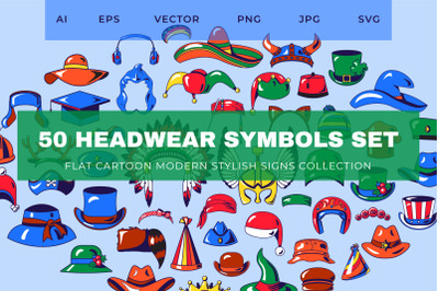 50 Cartoon Headwear Symbols Set