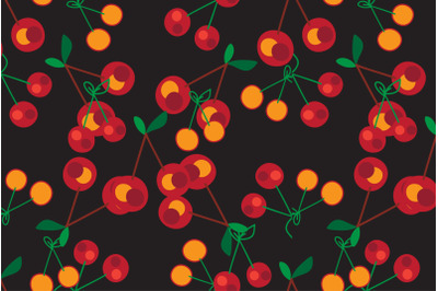 Cherry seamless pattern&2C; red green on black background&2C; botanical outl