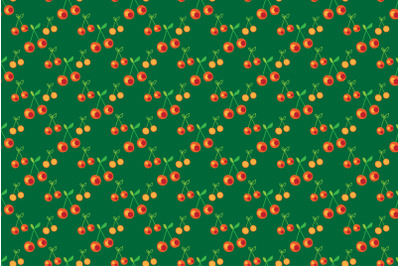 Cherry seamless pattern&2C; red yellow on green background&2C; botanical out