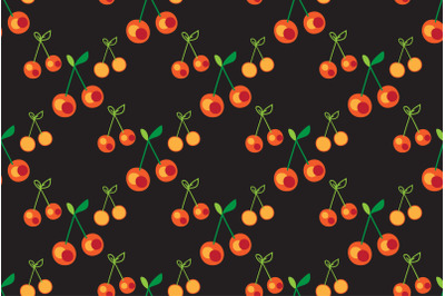 Cherry seamless pattern&2C; red green on black background&2C; botanical outl