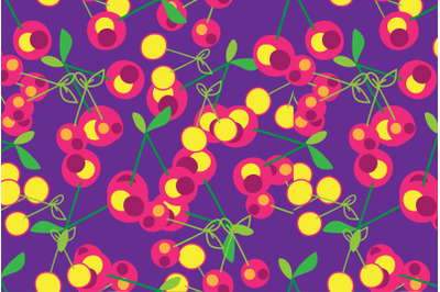 Cherry seamless pattern&2C; pink yellow on blue background&2C; botanical out