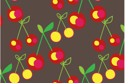 Cherry seamless pattern&2C; red green on black background&2C; botanical outl