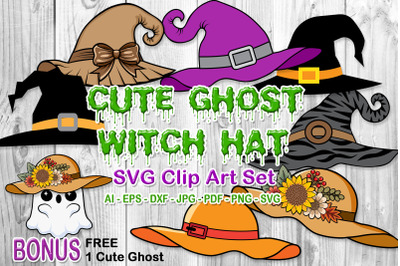 Cute Ghost Witch Hat Brimmed Hat Clip Art Set