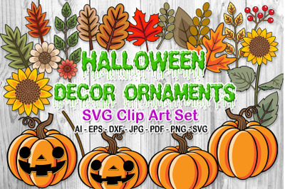 Halloween Pumpkins &amp;amp; Fall Autumn Floral Clipart Set