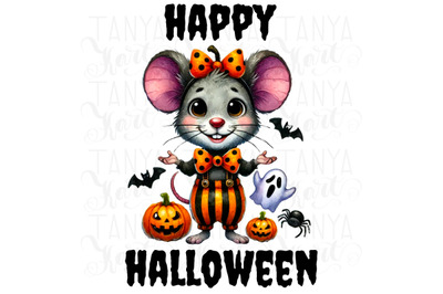 Happy Halloween Mouse PNG, Digital Print for Cards and Crafts, Retro H