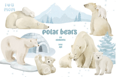 Watercolor Polar Bears, Arctic Animals Set, Arctic Wildlife Clipart