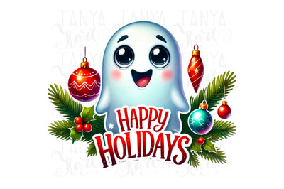 Happy Holidays Ghost PNG, Transparent Winter Sublimation, Cute Christm