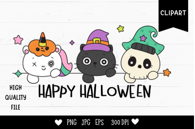 Halloween cartoon cat unicorn and skull kawaii clipart