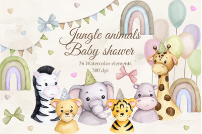 Jungle animals. Baby shower clipart. PNG