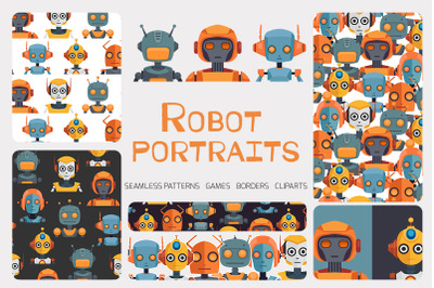 Set of robot portraits and patterns