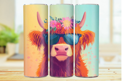 Colorful Highland Cow 20oz Skinny Tumbler Wrap Sublimation Design.