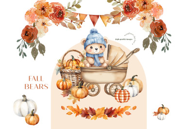 Boho Fall Blue Cute Bear Clipart, Rustic Pumpkin Woodland Animal