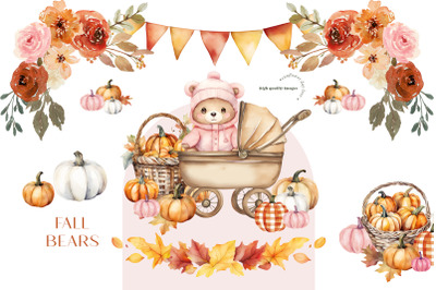 Pink Cute Bear Boho Fall Clipart, Rustic Pumpkin Woodland Animal