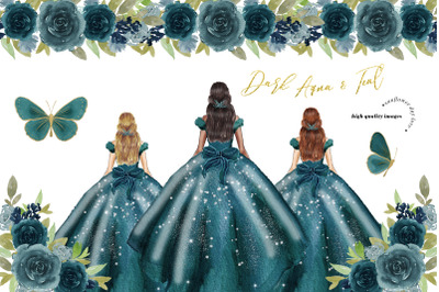 Dark Aqua &amp; Teal Princess Dresses Clipart, Butterfly Quinceanera