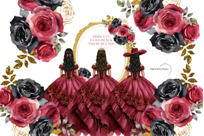 Burgundy Red Princess Charra Dress Clipart, Black and Red Gold Flowers