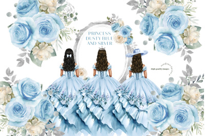 Dusty Blue Princess Charra Dress Clipart&2C; Blue Silver Geometric