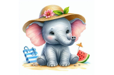 Baby elephant wearing a tiny sunhat, ready for a day at the beach