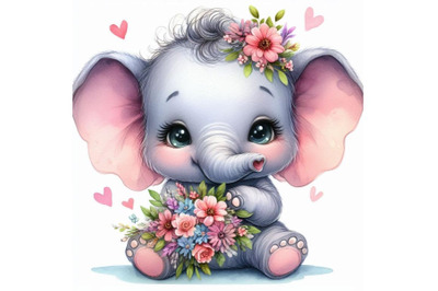 Baby elephant with a big smile, holding a tiny bouquet of flowers