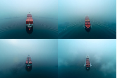 Cargo Ship Sailing Through Fog