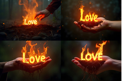 Hand holding flaming word love growing from dirt.