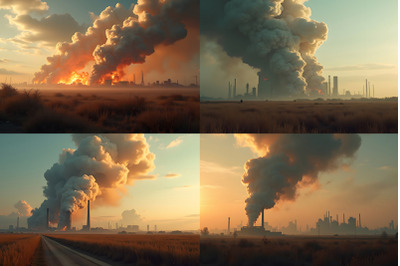 Industrial Sunset with Smoke Plumes