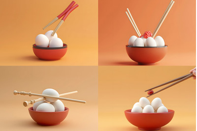 Red Bowl with Three Eggs and Chopsticks on Orange Background