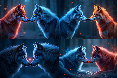 Two wolves, orange and blue, nuzzling in forest.