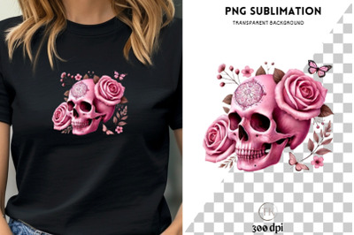 Pink Skull &amp; Flower Watercolor PNG, Boho Floral Sublimation, Gothic In