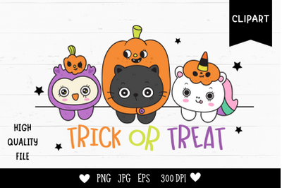 Halloween animal cat unicorn and owl kawaii cliparts cartoon