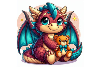 An adorable cartoon dragon with a teddy bear