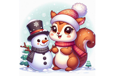 An adorable cartoon squirrel with a snowman