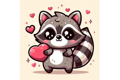 An adorable cartoon raccoon with a heart