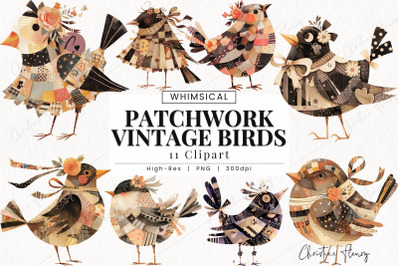 Patchwork Vintage Birds Clipart