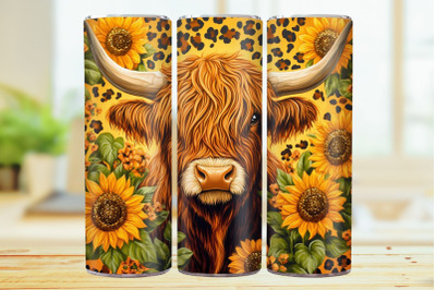 Sunflower Highland Cow 20oz Skinny Tumbler Wrap Sublimation Design.