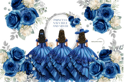 Navy Blue Princess Charra Dress Clipart, Blue &amp; White Floral