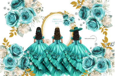 Girl Turquoise Blue Princess Charra Dress Clipart&2C; Gold Geometric