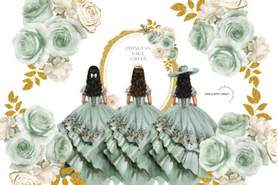 Sage Green Princess Charra Dress Clipart, Gold Geometric