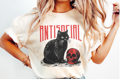 Antisocial Cat PNG, Retro Vintage T-Shirt Graphic, Self Care Sublimati