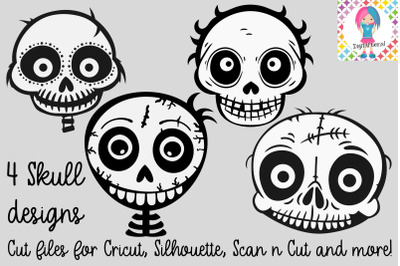 Set of 4 Skull Designs - Digital Download for Vinyl &amp; HTV Cutting,