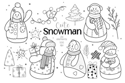 Snowman Silhouette Clipart, Winter Coloring Page PDF, Christmas Clipar