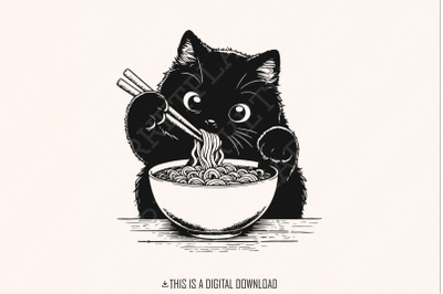 Cute Cat Png, Japanese Noodle Png, Cartoon Cat Png, Cat Eating Ramen,