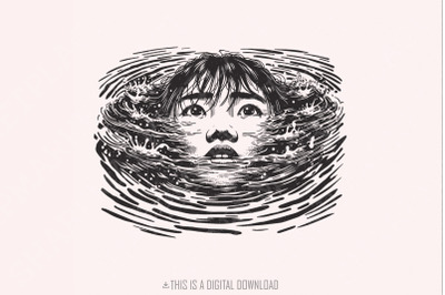 Trippy Girl PNG, Drowning Art File, Horror Movie PNG, Horror Character