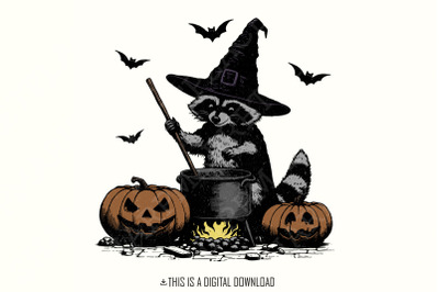 Time To Stir The Pot PNG, Funny Raccoon png, Retro Halloween PNG, Witc