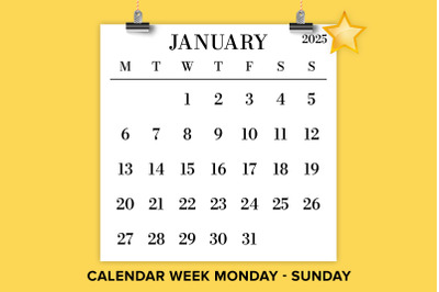 2025 Square 12x12 Inch Large Number MONDAY to SUNDAY Bold Calendar