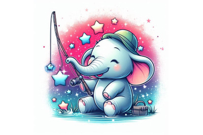 Baby elephant holding a tiny fishing rod&2C; catching stars