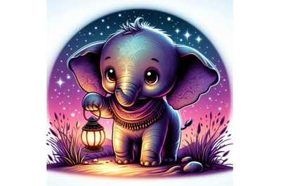 Baby elephant holding a tiny lantern