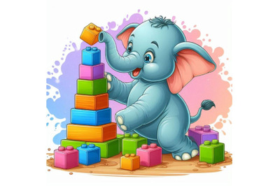 Baby elephant playing with building blocks, stacking them high