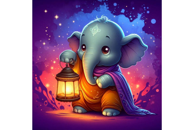 Baby elephant holding a tiny lantern, lighting up the night