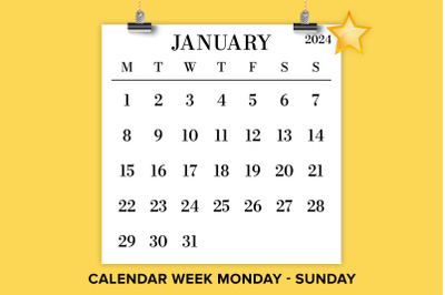 2024 Square 12x12 Inch Large Number MONDAY to SUNDAY Bold Calendar Tem